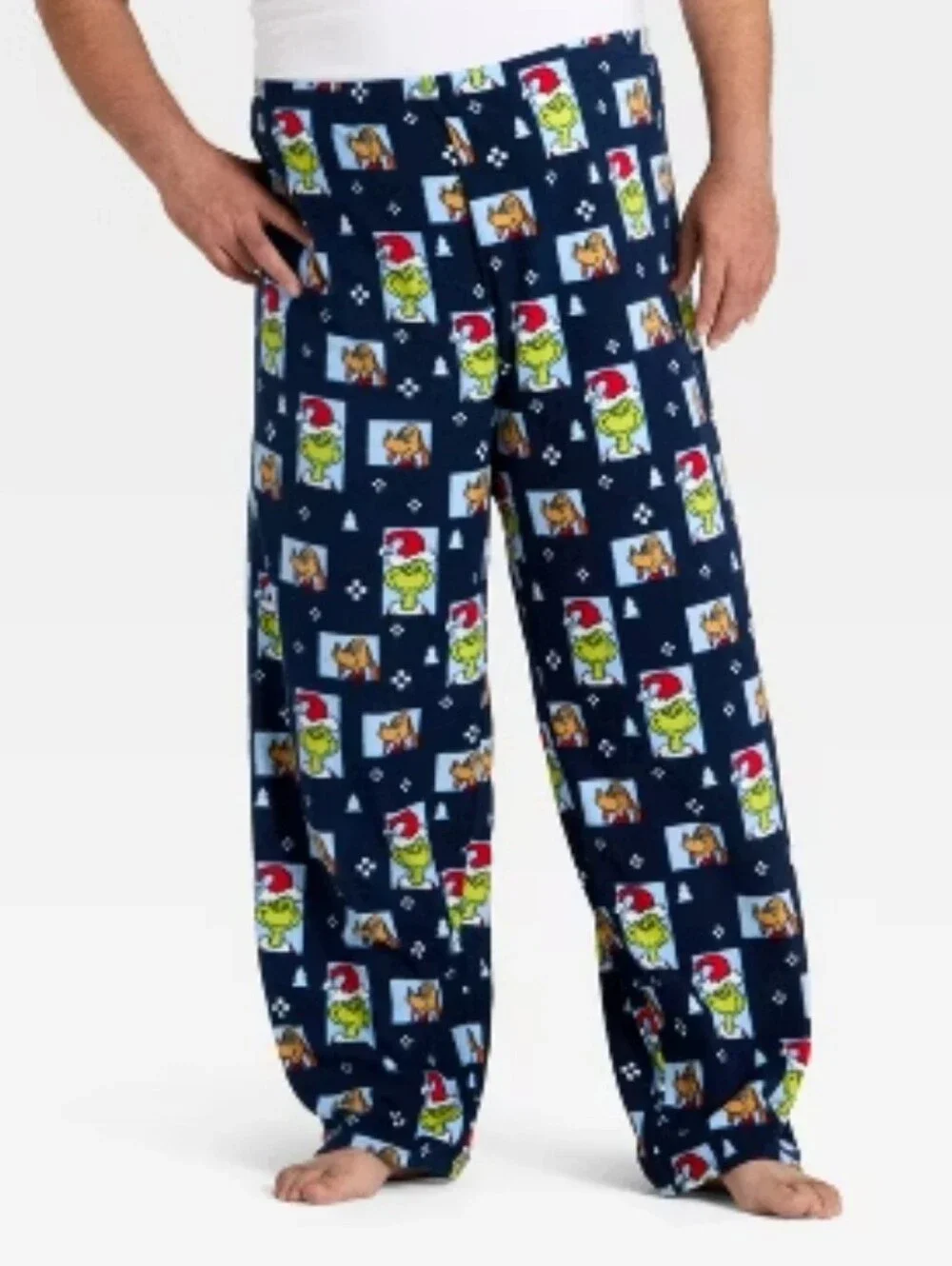 Grinch Print Fleece Holiday Matching Family Pajama Pants Navy Blue